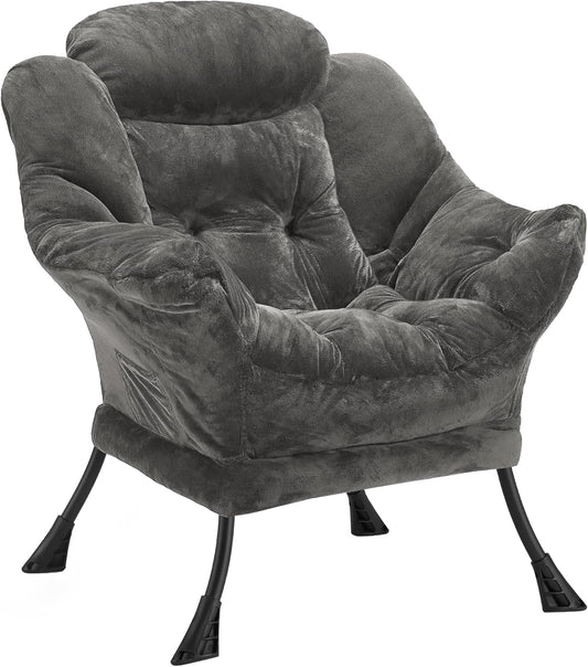 Fabric Lazy Chair for Adults, Oversized Upholstered Sofa Chair, Plush Comfy Lounge Chair with Large Side Storage Pocket, Thick Padded Reading Chair for Living Room, Bedroom, Office, Dark Gray