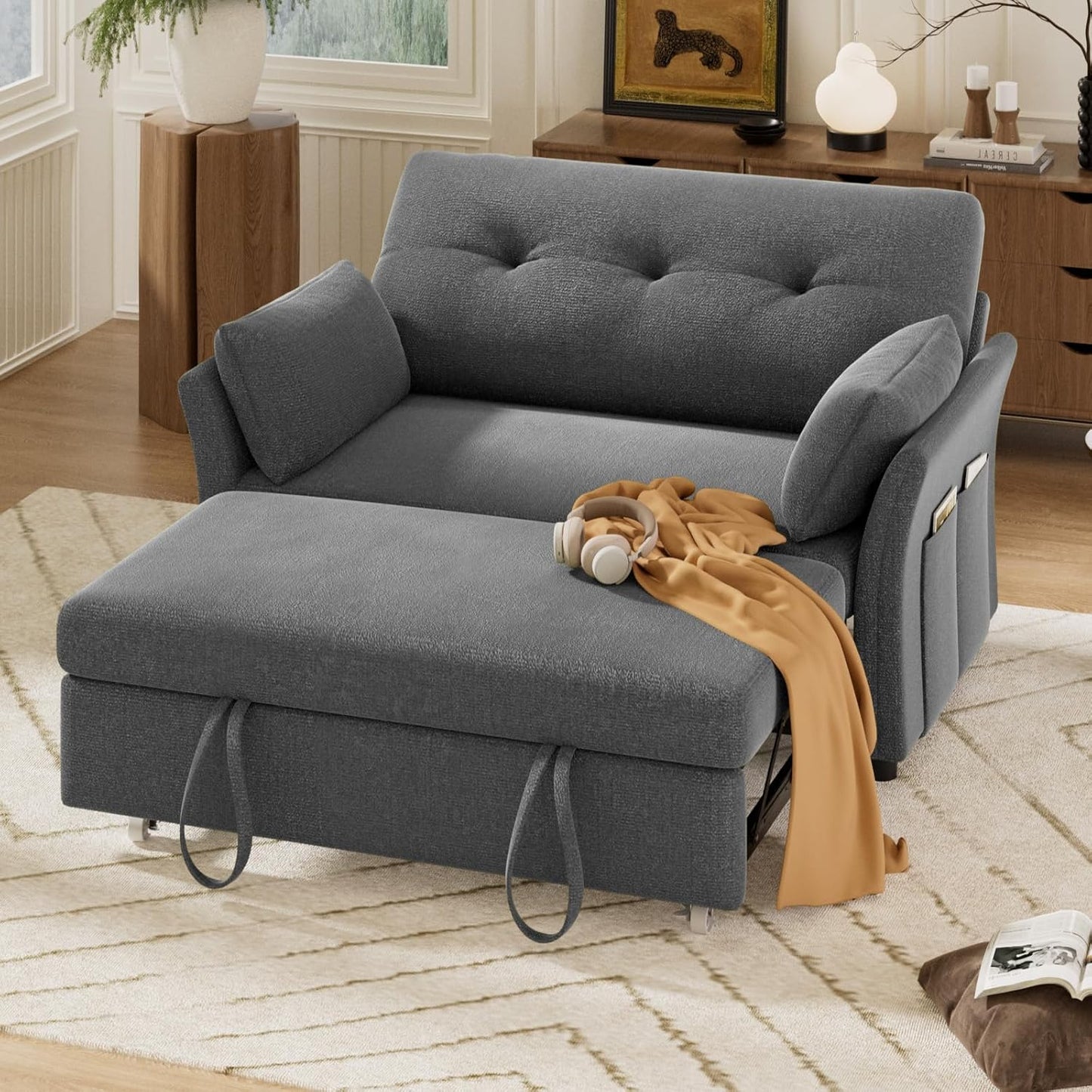 Vipbear 3-in-1 Chenille Convertible Sofa Bed, Pull Out Sleeper Sofa with Reclining Backrest & Side Pocket, Tool-Free Assembly, Folding Loveseat for Living Room, Apartment, Grey