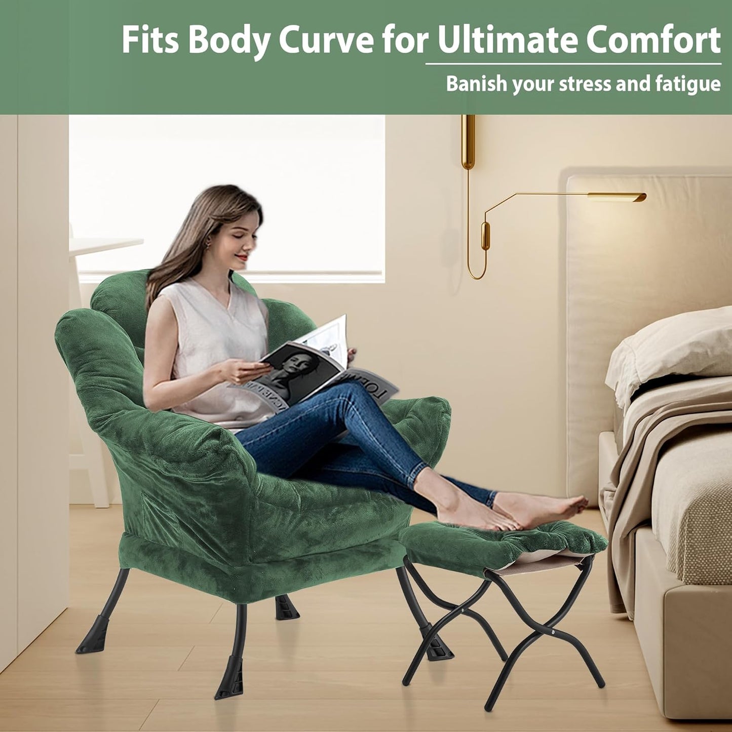 Lazy Chair with Folding Ottoman, Accent Chair Plush Upholstered with Metal Structure and Non-Slip Pads, Sofa Armchair with Footrest and Side Storage Bag for Dorm, Room, Office, Green