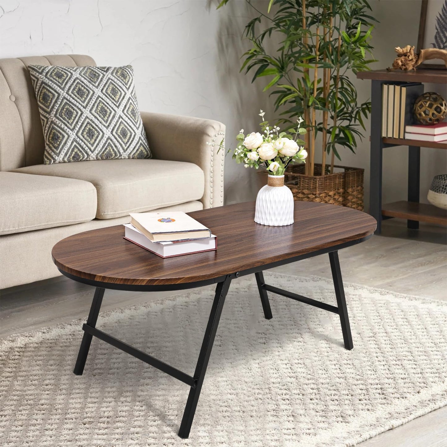 Folding Coffee Table for Small Spaces Wood and Metal Oval Coffee Tables No Assembly Low Coffee Table for Living Room, Home, Office, Rustic Brown