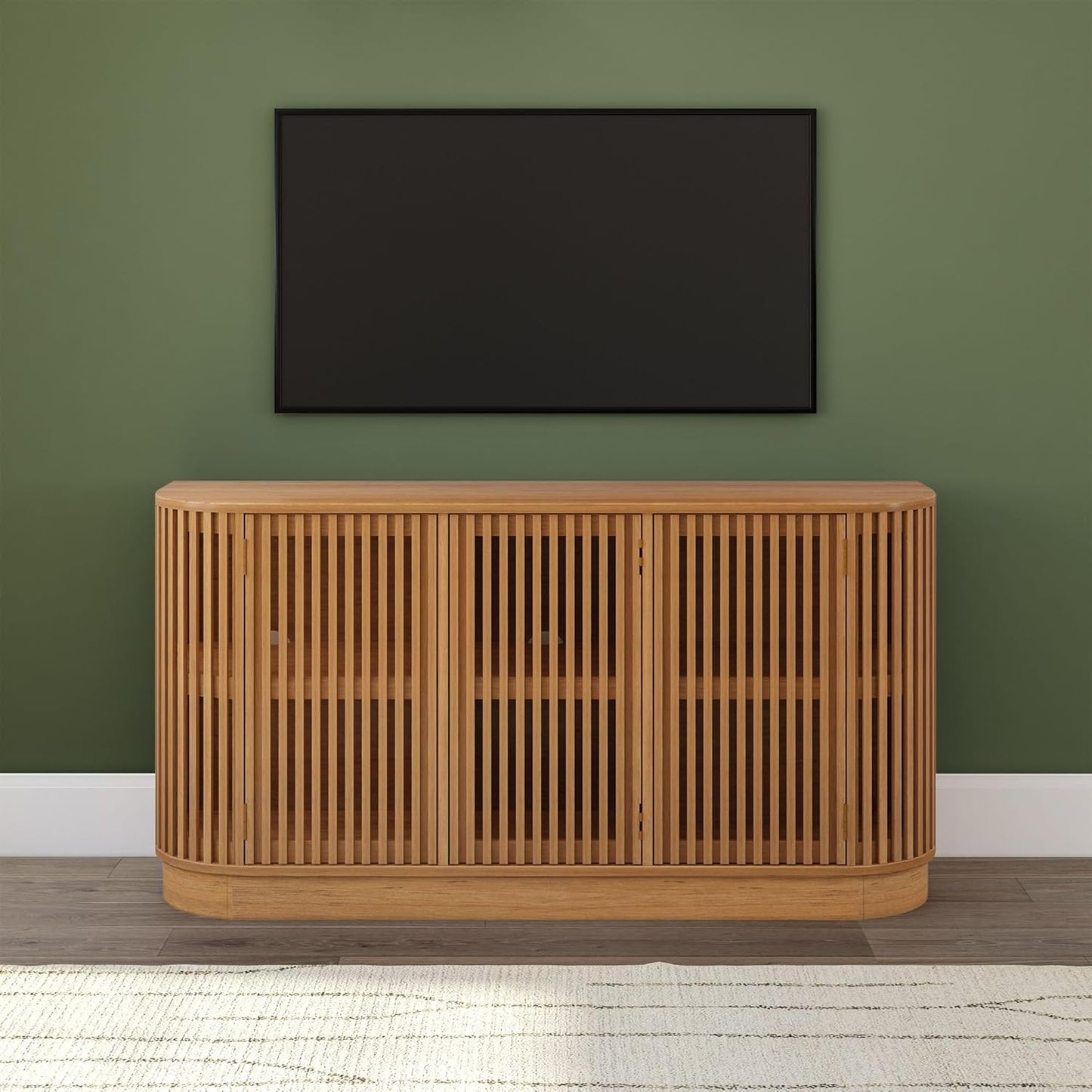 Plank+Beam Contour Wood TV Stand, Three Door Solid Wood Entertainment Console with Storage, 59" L x 16" W x 30" H, Pecan