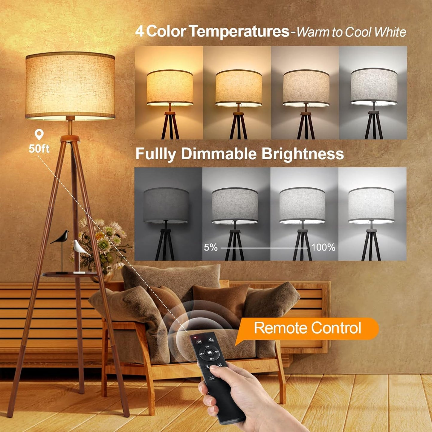 OUTON Wood Tripod Floor Lamp with Shelves, Mid Century LED Modern Dimmable Floor Lamp with Remote Control, Sturdy Tall Standing Lamp with Beige Linen Texture Shade for Living Room, Bedroom, Office