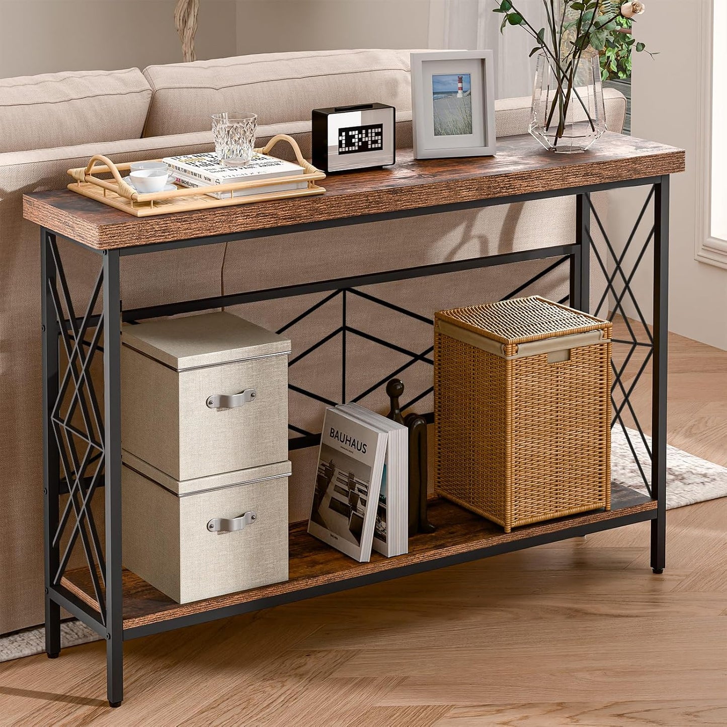 Industrial Console Table for Entryway, Rustic Console Table Behind Couch, 2 Tier Sofa Tables for Home Living Room, Hallway, Entrance, with Metal Frame(48 inches)