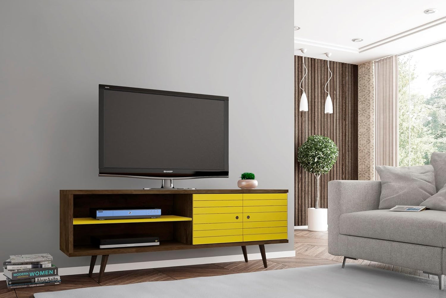 Manhattan Comfort Liberty Mid Century Modern TV Stand for Televisions up to 60 Inches, Bedroom and Living Room Entertainment Center with Storage, Shelves, and Cabinet, 63" Wide, Rustic Brown/Yellow