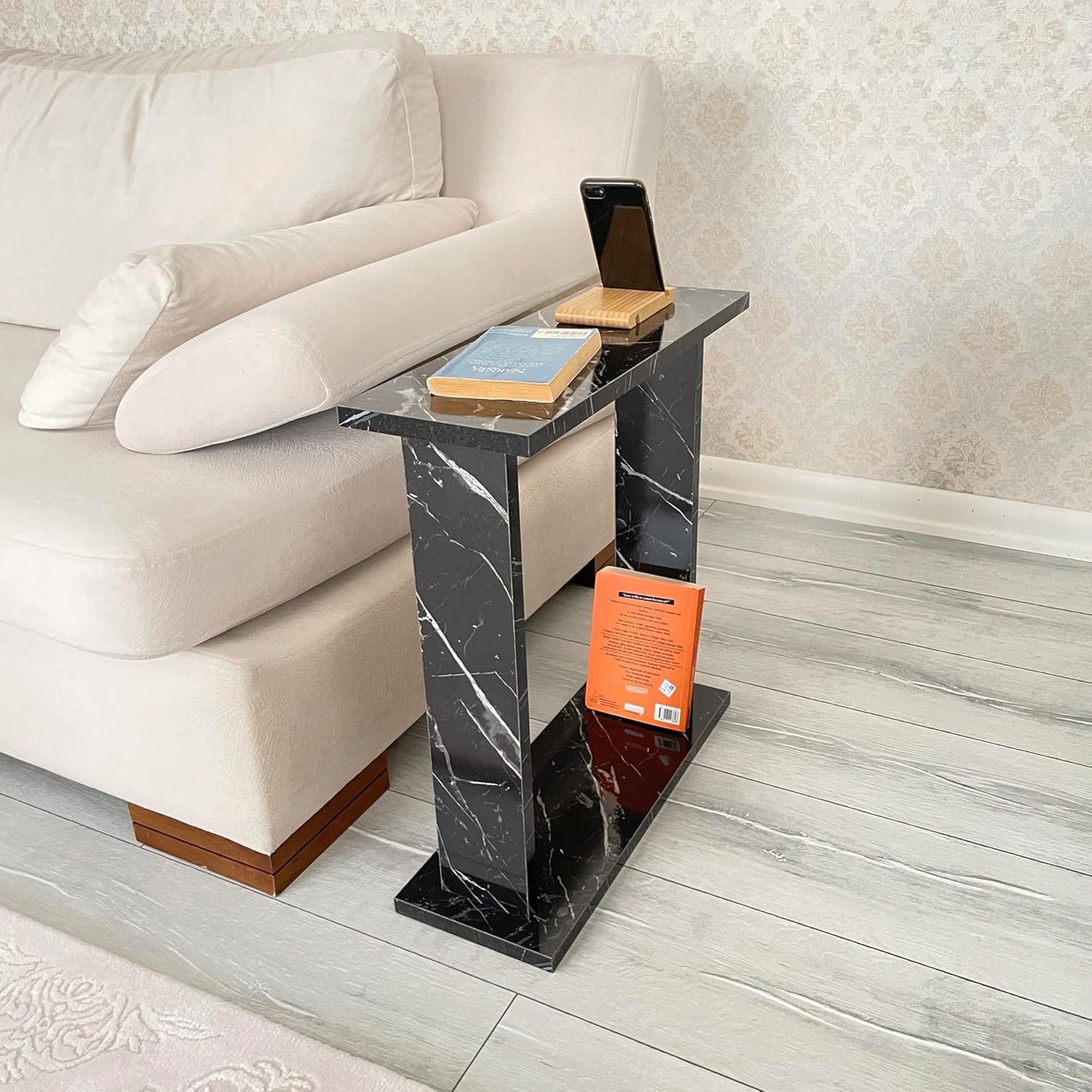 Very Narrow Side Table for Living Room, Small Apartment Space Between Chairs Skinny Table for Recliner, Couch, Armchair, Thin Slim End Table for Living Room, Bedroom, Beverages (Black Marble)