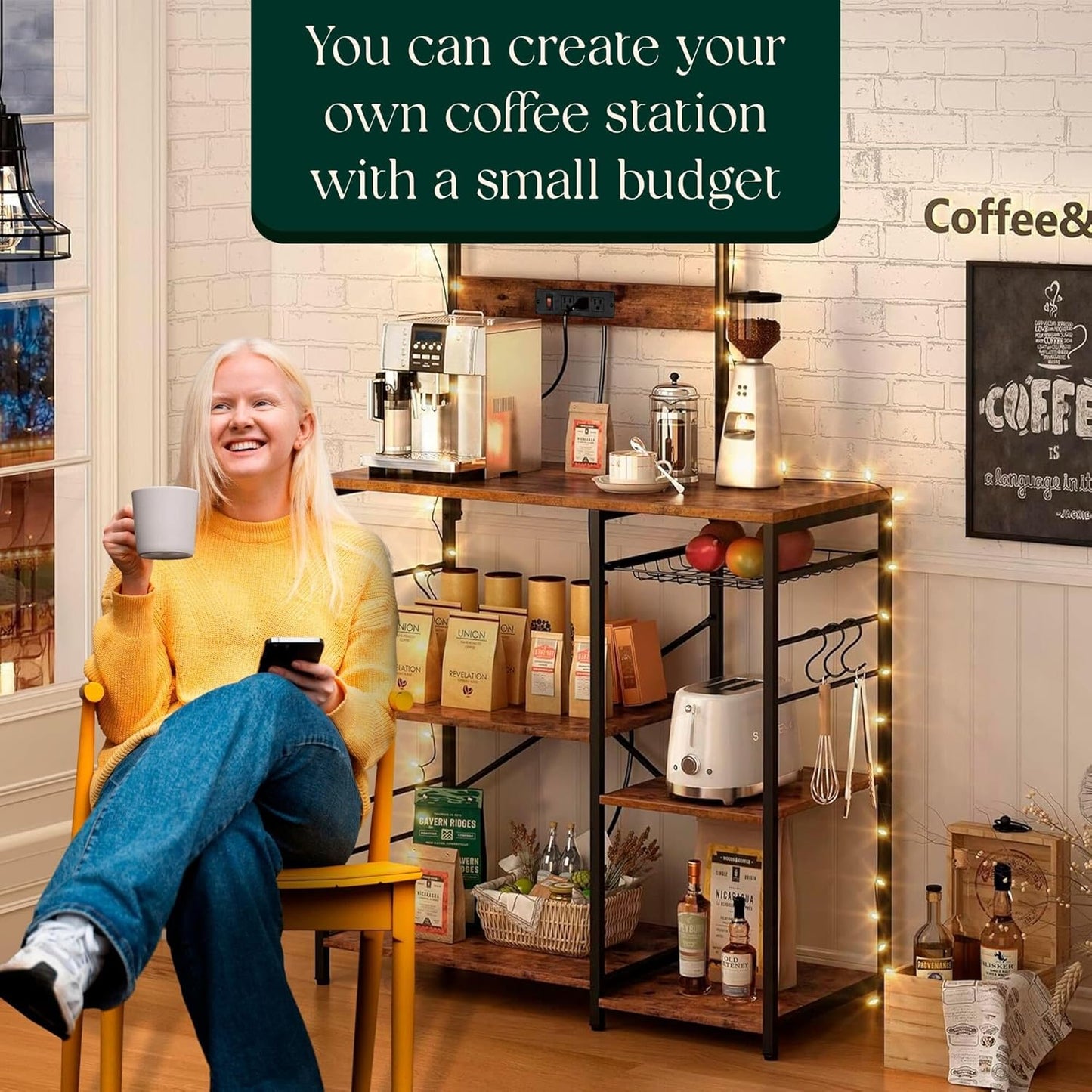 Kitchen Bakers Rack with Power Outlet & Hangers - 35.5x15.7x51.6 Kitchen Storage Rack Useful as Microwave Stand, Coffee Station and as Extra Shelves - Perfect for Organized & Stylish Kitchens