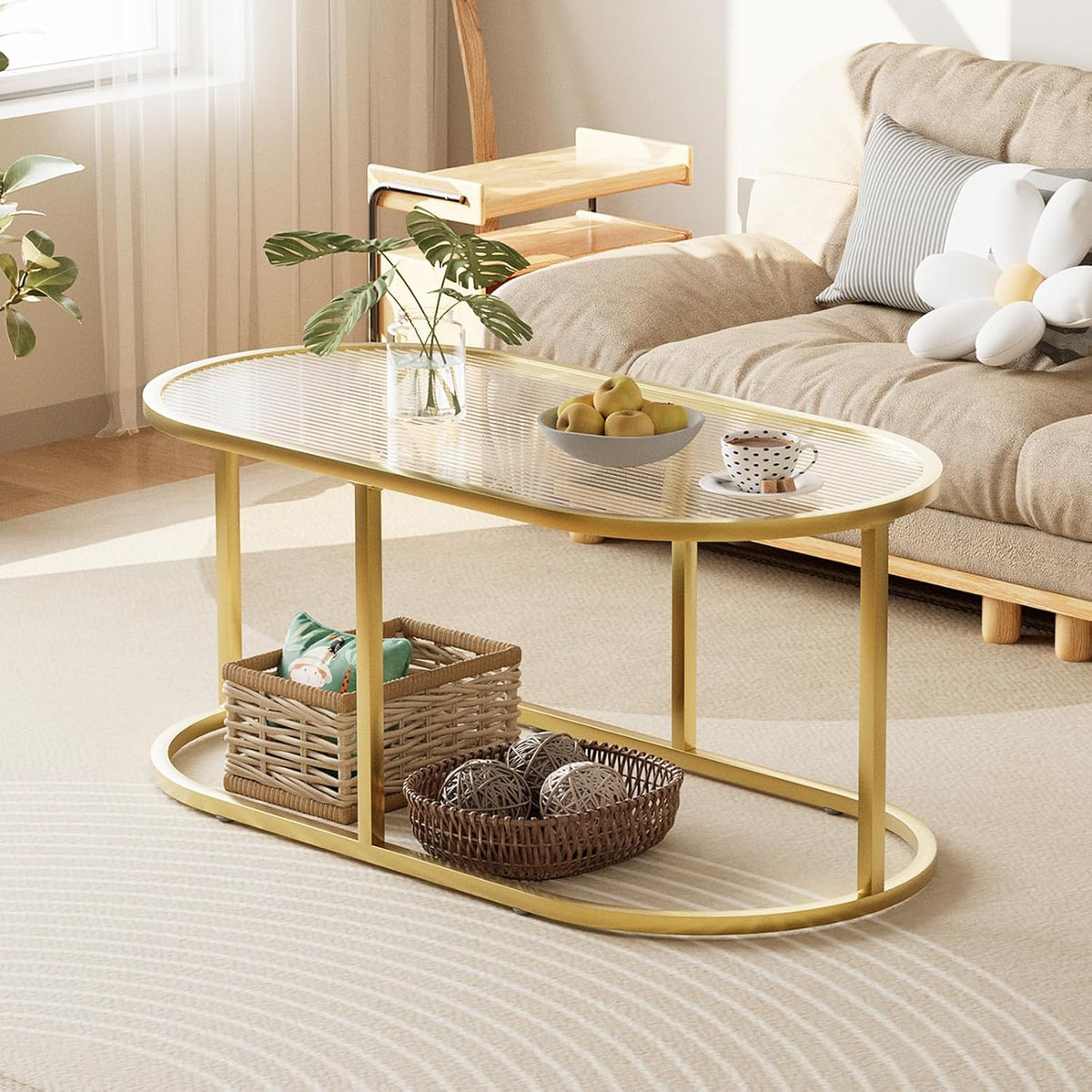 Coffee Table Gold Glass Coffee Table for Living Room, Oval Table Center Table with Ribbed Glass Top and Sturdy Metal Frame,Modern Glass Accent Tables for Bedroom Home Office