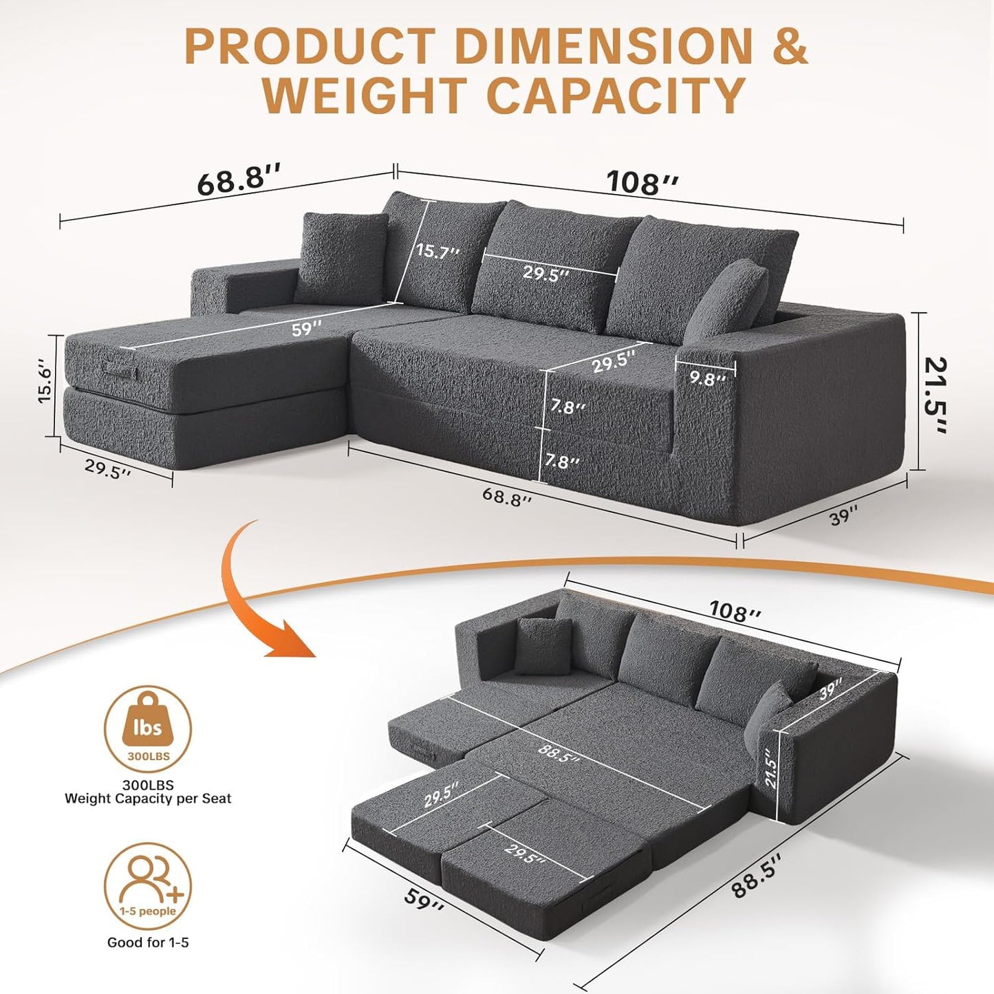 108" Modular Sectional Cloud Sofa - Boneless Couch with Deep Seat, Non Slip Base, Folding Sofa Sectional Couches for Living Room, Cozy Modular Couch with L-Shape Chaise, No Assembly Required, Grey