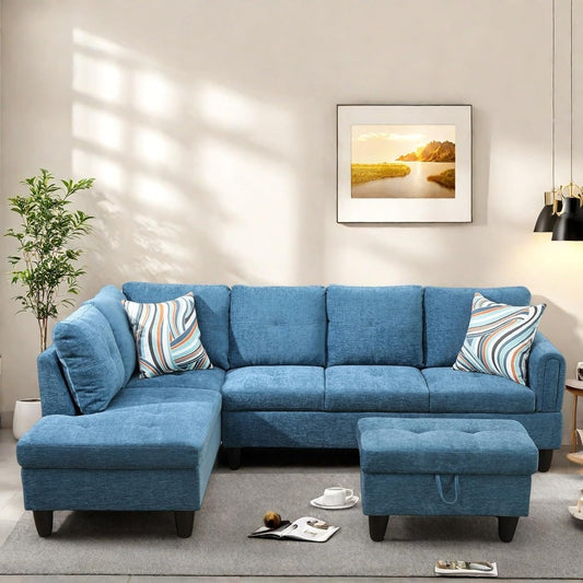 Sectional Couch with Ottoman Storage, L Shaped Couch Sofa Furniture Sets, Modern Modular Comfy Sofa for Living Room Bedroom, Blue