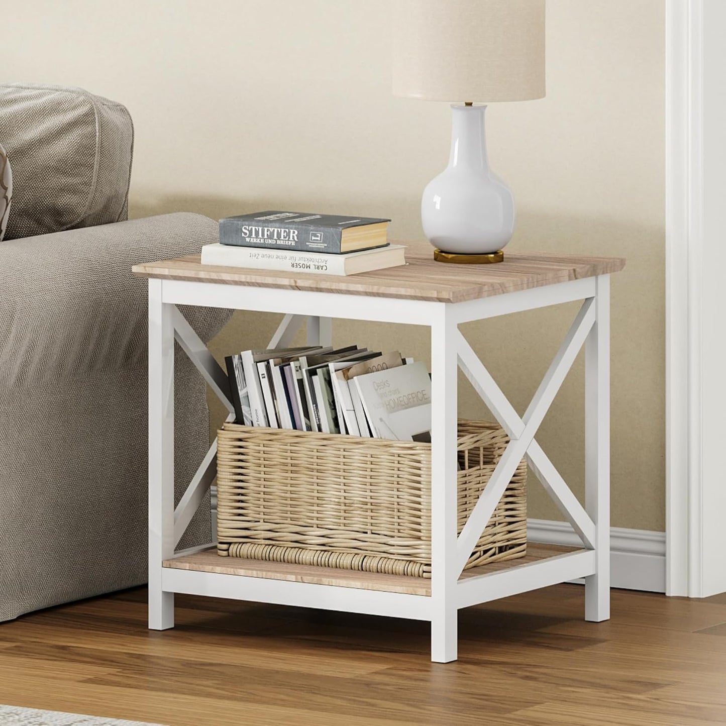 ChooChoo End Table, 24 Inch End Table with 2-Tier Storage Shelf, Side Table for Living Room, Wood Nightstand for Bedroom, Office, Oak