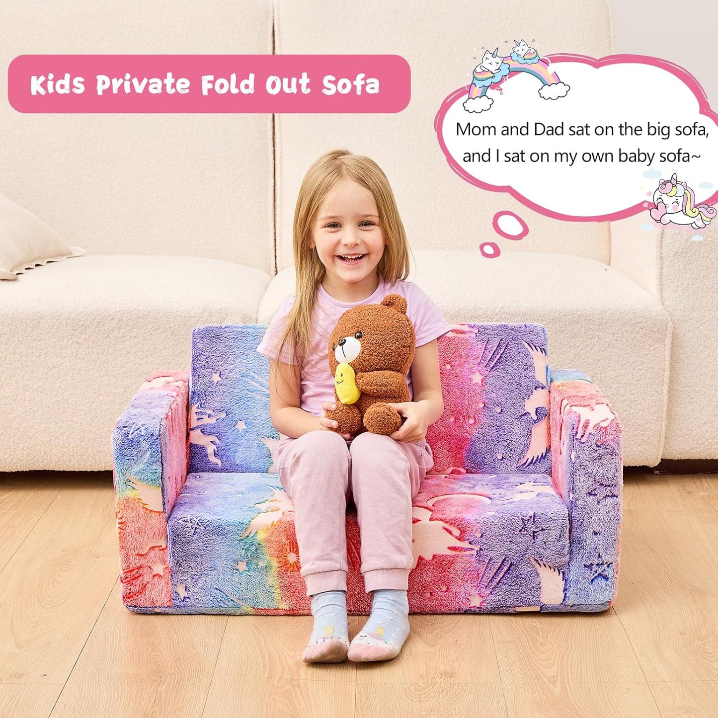 Toddler Chair Comfy,2-in-1 Soft Toddler Couch Fold Out for Kids,Convertible Sofa to Lounger,Gift for Girls and Boys Birthday,Elf,Large