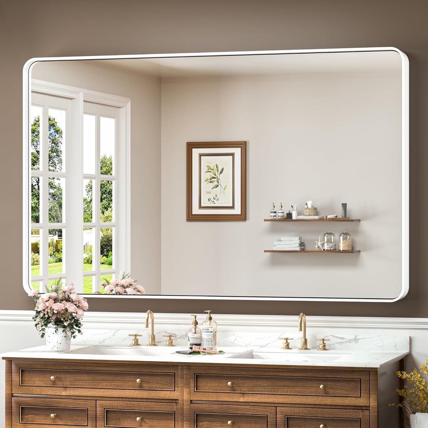 TokeShimi 60 x 36 Inch White Bathroom Mirror for Wall with Non-Rusting Aluminum Alloy Metal Frame Rounded Corner Rectangle Mirror for Modern Farmhouse Home Decor Mirror(Horizontal/Vertical)