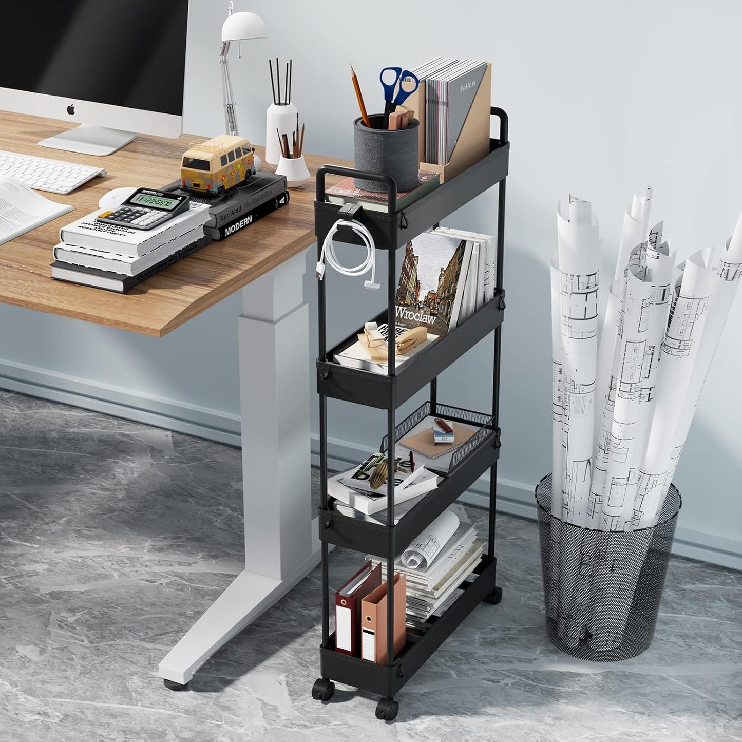 SOLEJAZZ Slim Rolling Storage Cart with Wheels 4 Tier Skinny Bathroom Storage Organizer Narrow Shelf Unit Thin Laundry Room Utility Cart for Bedside Kitchen Office Next to Fridge Small Places, Black
