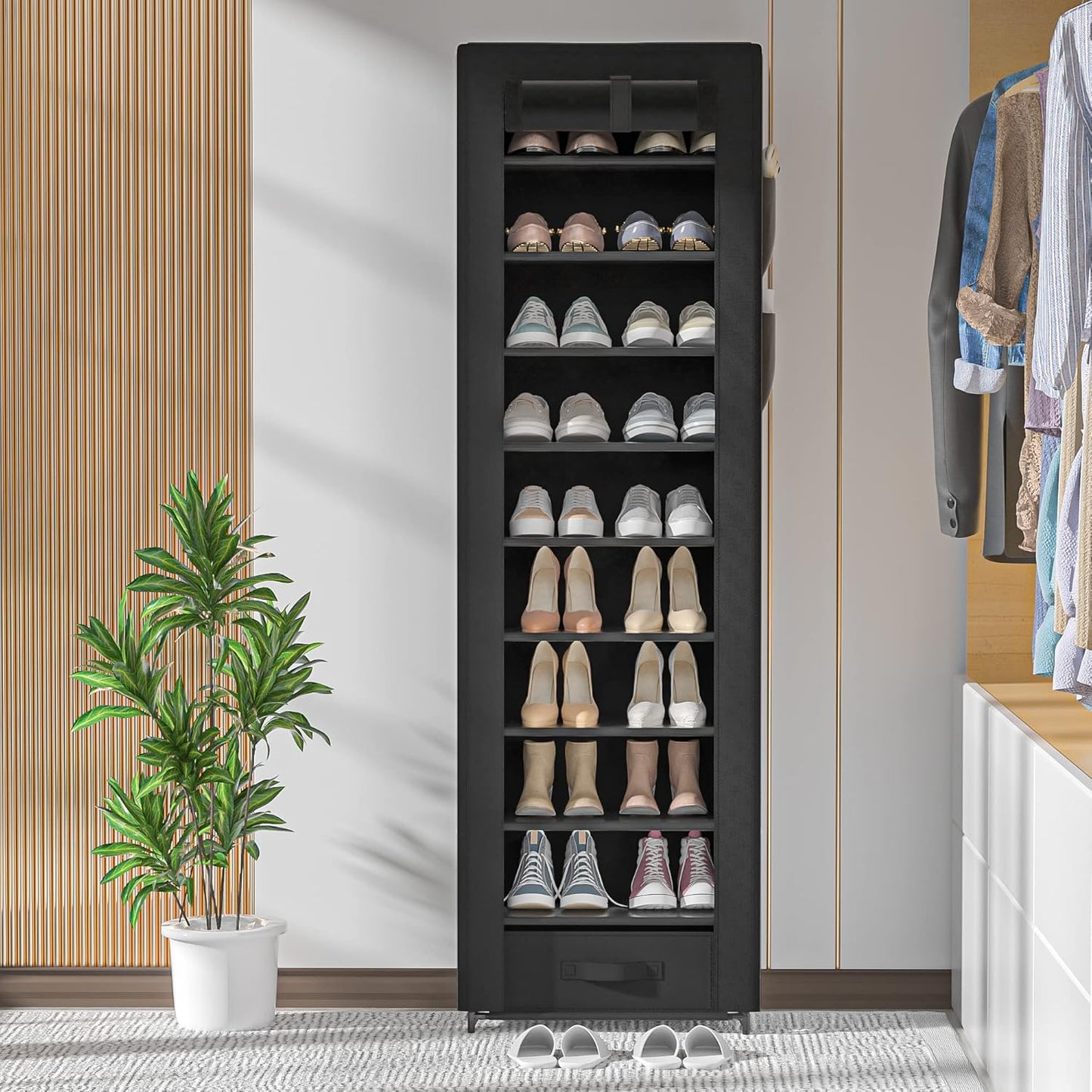 Shoes Rack 10 Tier Tall Shoe Rack Narrow Shoe Rack with Storage Box,Fabric Covered Metal Shoe Rack Organizer for Closets