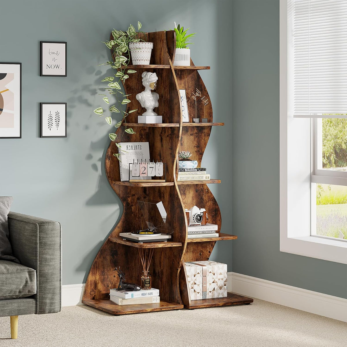 Tribesigns Corner Shelf, Rustic 5-Tier Wall Corner Bookshelf, Stylish Corner Small Bookcase Storage Rack Plant Stand with Unique Shape for Living Room, Home Office (2PCS, Brown)