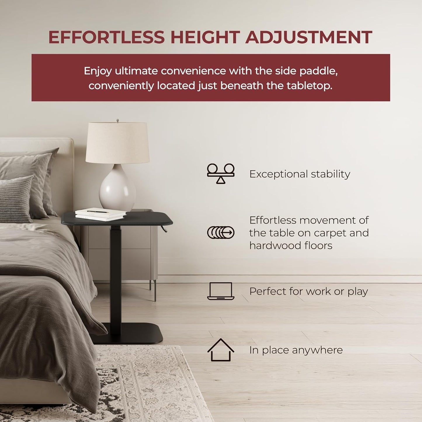 Ergohome™ ELEVANCE Table™ Height Adjustable Side Table for Couch or Bed, Laptop Table - Small End Table Office Coffee Table - C-Shaped Sofa Side Table with Multi-Function Black Base &Carbon Black Top