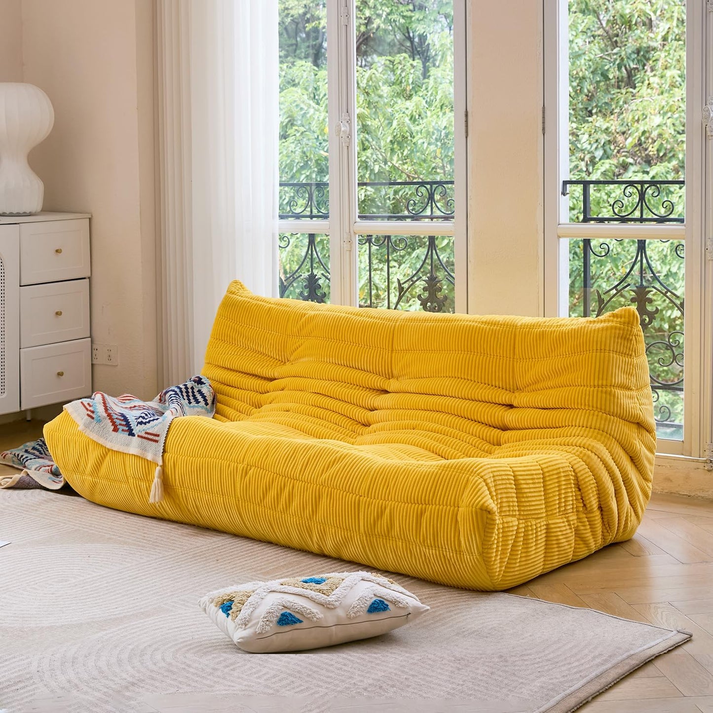 N&V Fireside Three Seater Sofa, Mid Century Armless Twin Size Floor Sofa, Soft Premium Corduroy Floor Lounge Chair, Foam Sofa Accent Chair for Living Room, Bedroom (Tuscany)