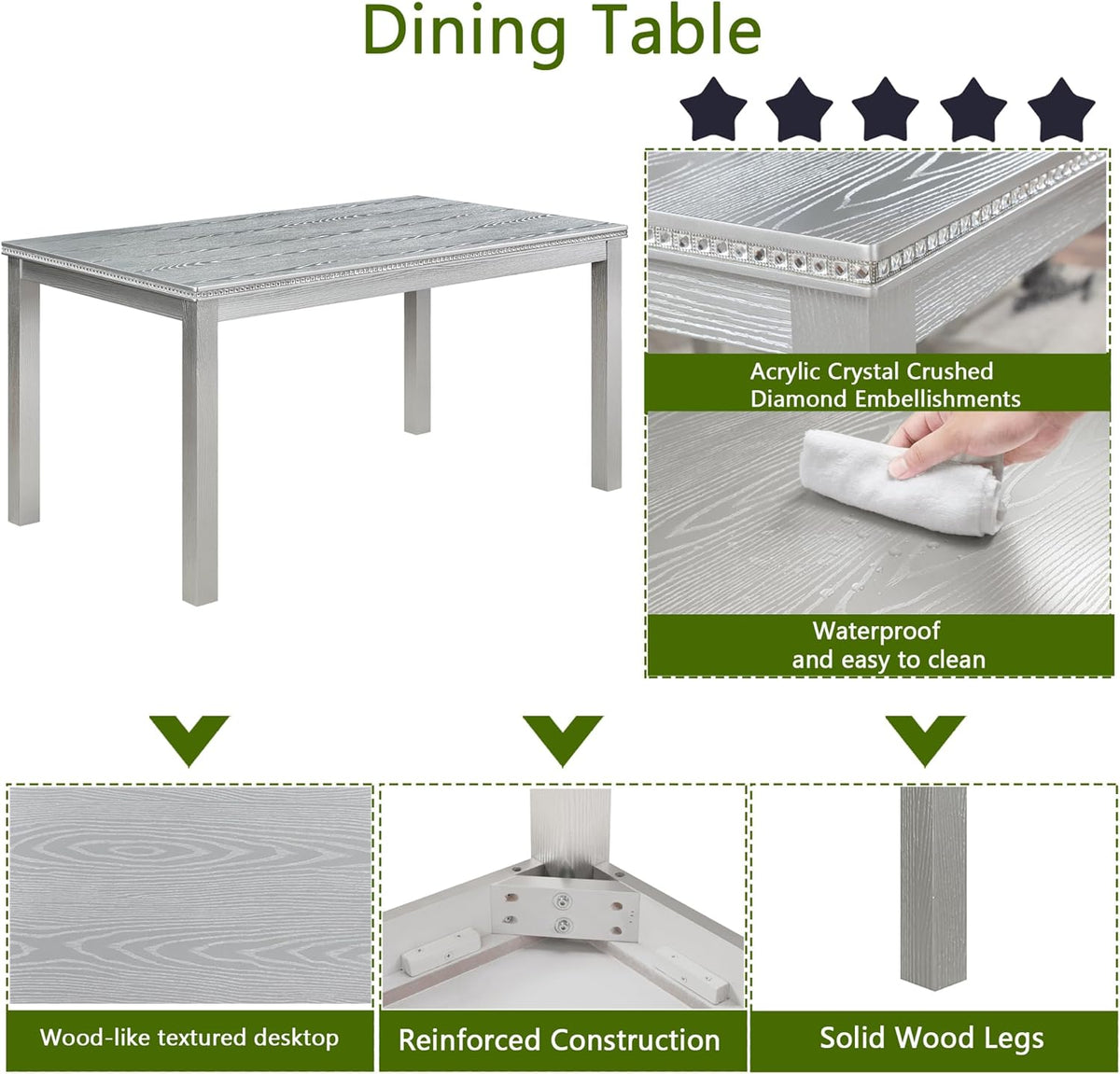 soges 6 Piece Wooden Dining Table Set, Wooden Dining Table with 4 Upholstered Chairs and Bench for 6 People, Rectangular Dining Table Set with Crystal Decoration for Kitchen, Dining Room, Silver Grey