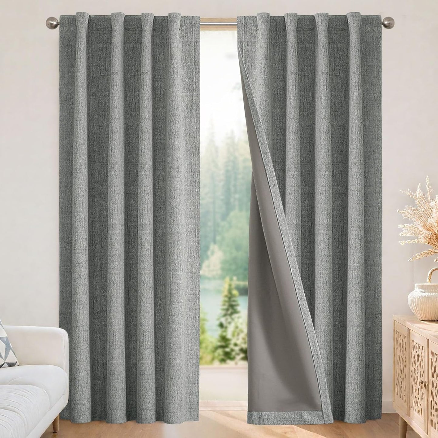 Joydeco 100% Blackout Curtains for Bedroom - Natural Linen Curtains 52" W x 120" L Long, Thermal Insulated 2 Panels Light Grey. Room Darkening Light Blocking Drapes for Living Room