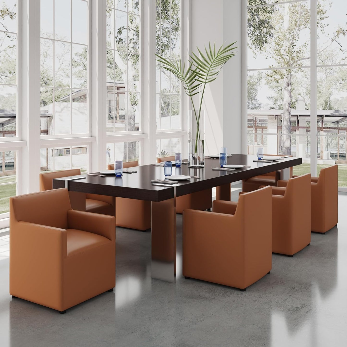 Manhattan Comfort Anna Square Modern Dining Chair with Arms, Head-to-Toe Faux Leather Upholstered Accent Armchair with Plastic Foot Padding, Set of 1, Saddle