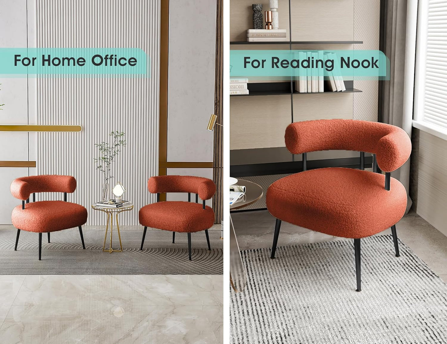 Mid Century Sherpa Boucle Accent Chair, Round Upholstered Barrel Arm Chair for Small Spaces, Fluffy Side Corner Sofa Chair for Living Room, Bedroom, Vanity, Office, Reading Nook（Orange）