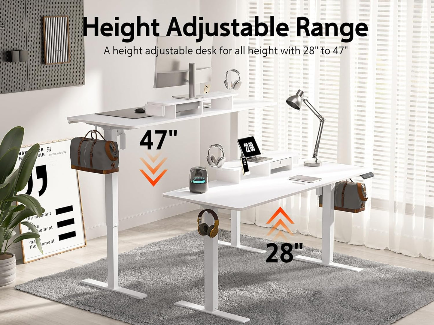 48x24 Inches Electric Standing Desk with Drawer and Monitor Stand, Height Adjustable Desk for Home Office, Ergonomic Sit to Stand with Phone Holder, 3 Hooks, White