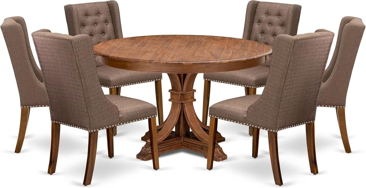 F7FO7-50N-18 - 7-Piece Dining Room Set Contains A Kitchen Table and 6 Brown Polyester Fabric Parsons Chairs with Button Tufted Back, Antique Walnut
