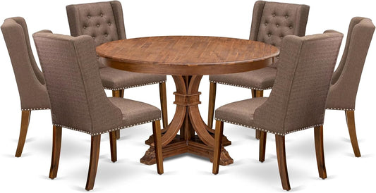 F7FO7-50N-18 - 7-Piece Dining Room Set Contains A Kitchen Table and 6 Brown Polyester Fabric Parsons Chairs with Button Tufted Back, Antique Walnut