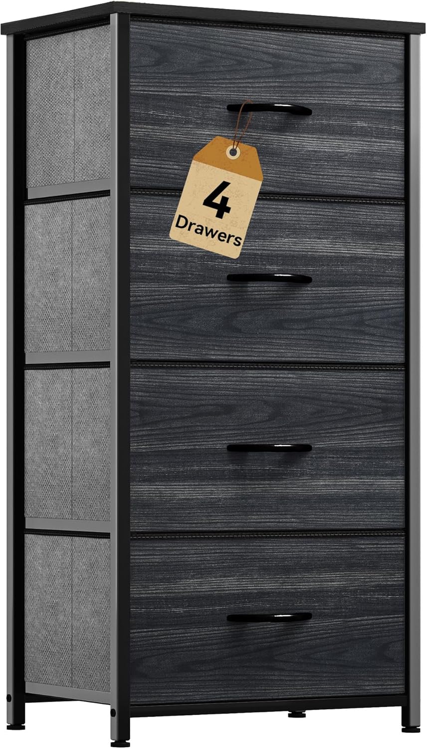 DWVO 4 Drawers Dresser, Dresser for Bedroom, Fabric Storage Tower, Chest of Drawers, Organizer Unit for Closets, Living Room, Sturdy Steel Frame, Wooden Top, Easy Pull Fabric Bins