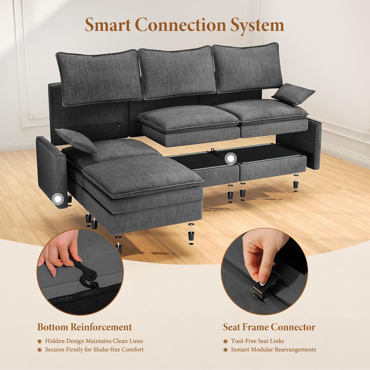 Vesgantti 108" Modular Sectional Sofa, Comfy Cloud Couch with Movable Ottoman Deep Seat Chenille L Shaped Modular Sofa, Sectional Couches for Living Room, Bedroom and Apartment, Gray
