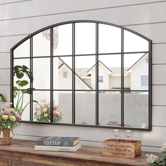 Wide Window Pane Mirror, 44" x 28" Black Arched Mirror for Wall, Grid Large Decorative Wall Mirrors for Living Room Bedroom Farmhouse Fireplace Hallway Entryway
