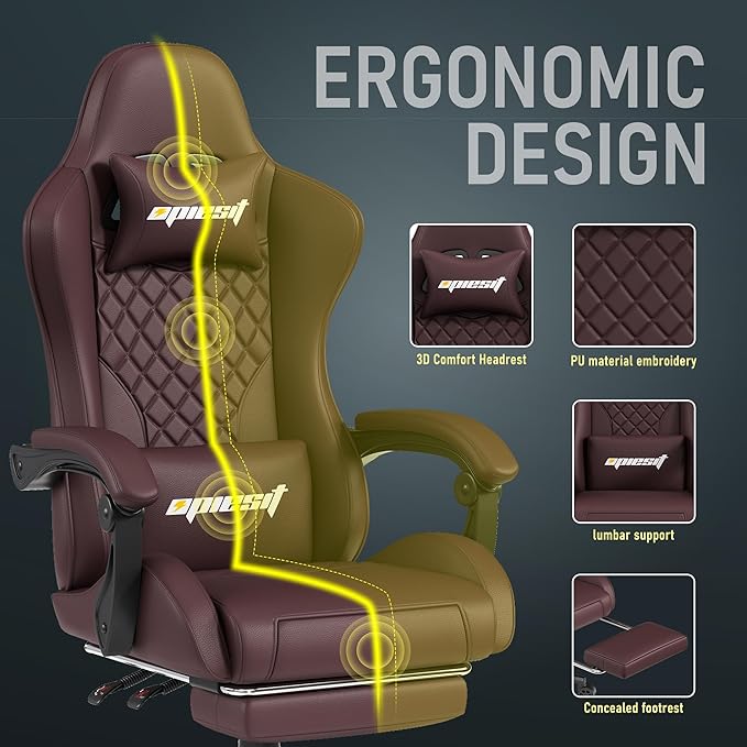 Gaming Chair,Ergonomic Computer Chairs for Adults with Footrest, PU Leather Office Chair with Adjustable Lumbar Support & Pocket Spring Cushion - Heavy Duty 400lb Capacity Gamer Chair (Brown)