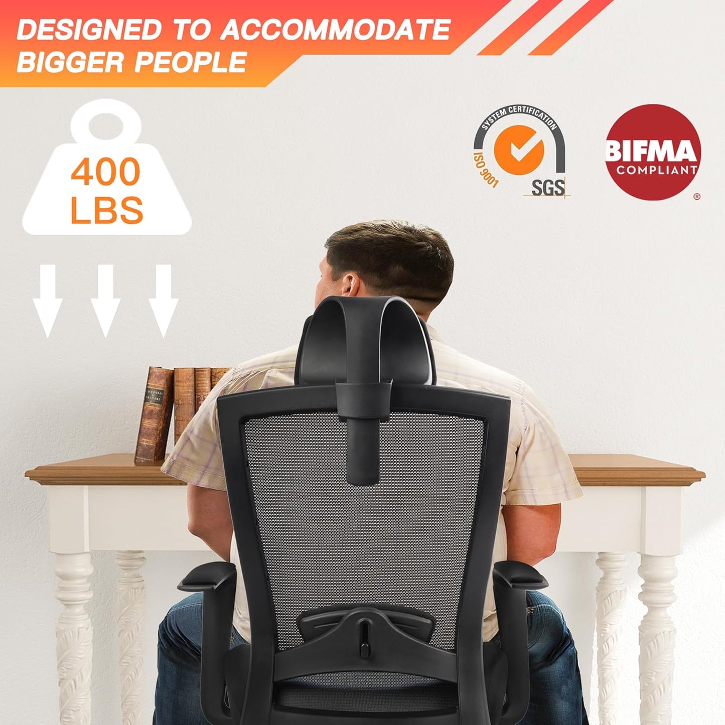 Ergonomic Office Chair for Big and Tall People, 400lb Computer Desk Chair with Adjustable 2D Headrest, Lumbar Support & Armrests, 5 Inch Thick Foam Cushion Seat, Mesh Rolling Chair for Work & Gaming