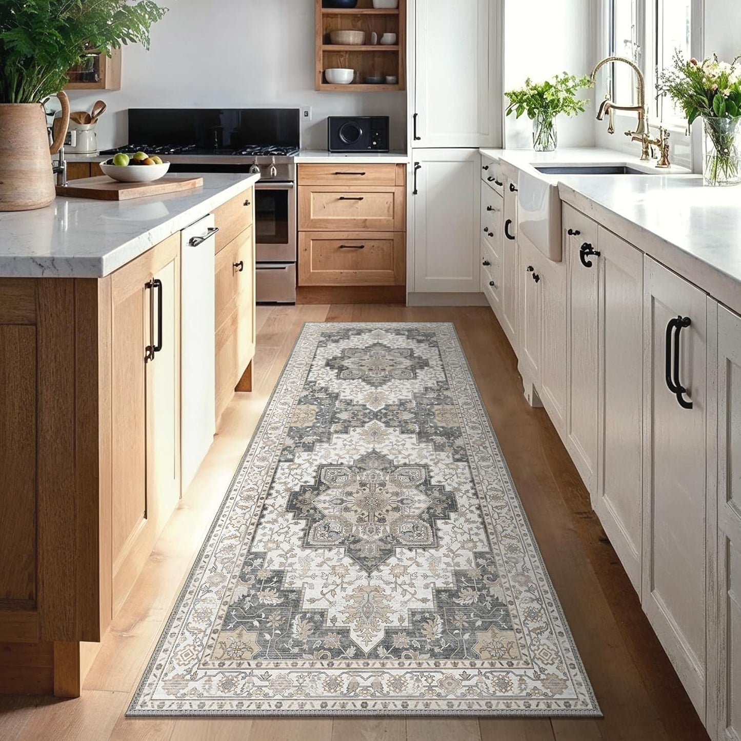 GENIMO 2x10 Runner Rugs for Hallway, Machine Washable Non Slip Vintage Rugs, Low Pile Lightweight Soft Print Rug for enrtyway, Corridor, Home Office, Kitchen, Heathered Grey