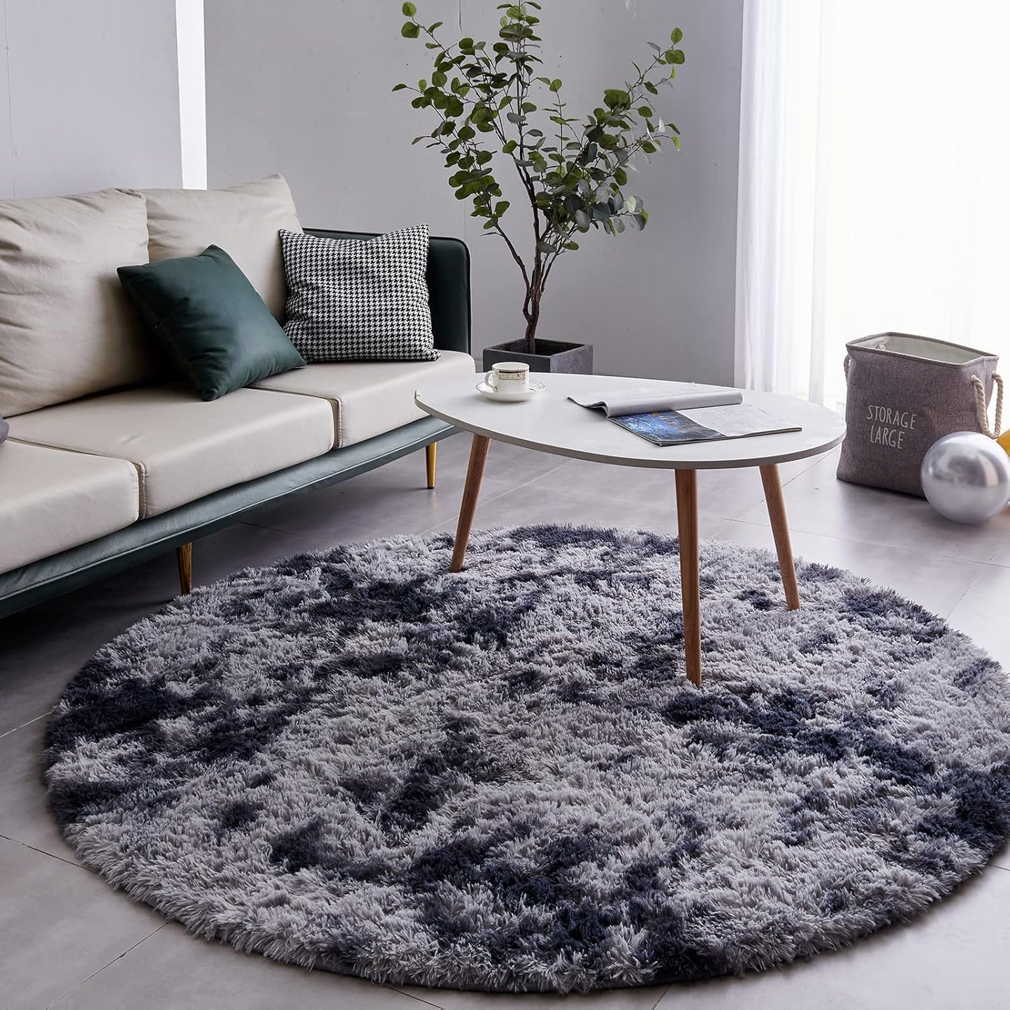FJZFING Tie-Dyed Dark Grey Round Rug Ultra-Soft Plush Modern 6x6 Circle Area Rug for Kid's Bedroom, Fluffy Shag Circular Rug for Nursery Room, Non-Slip Tie-Dyed Dark Grey Rug for Teen's Room