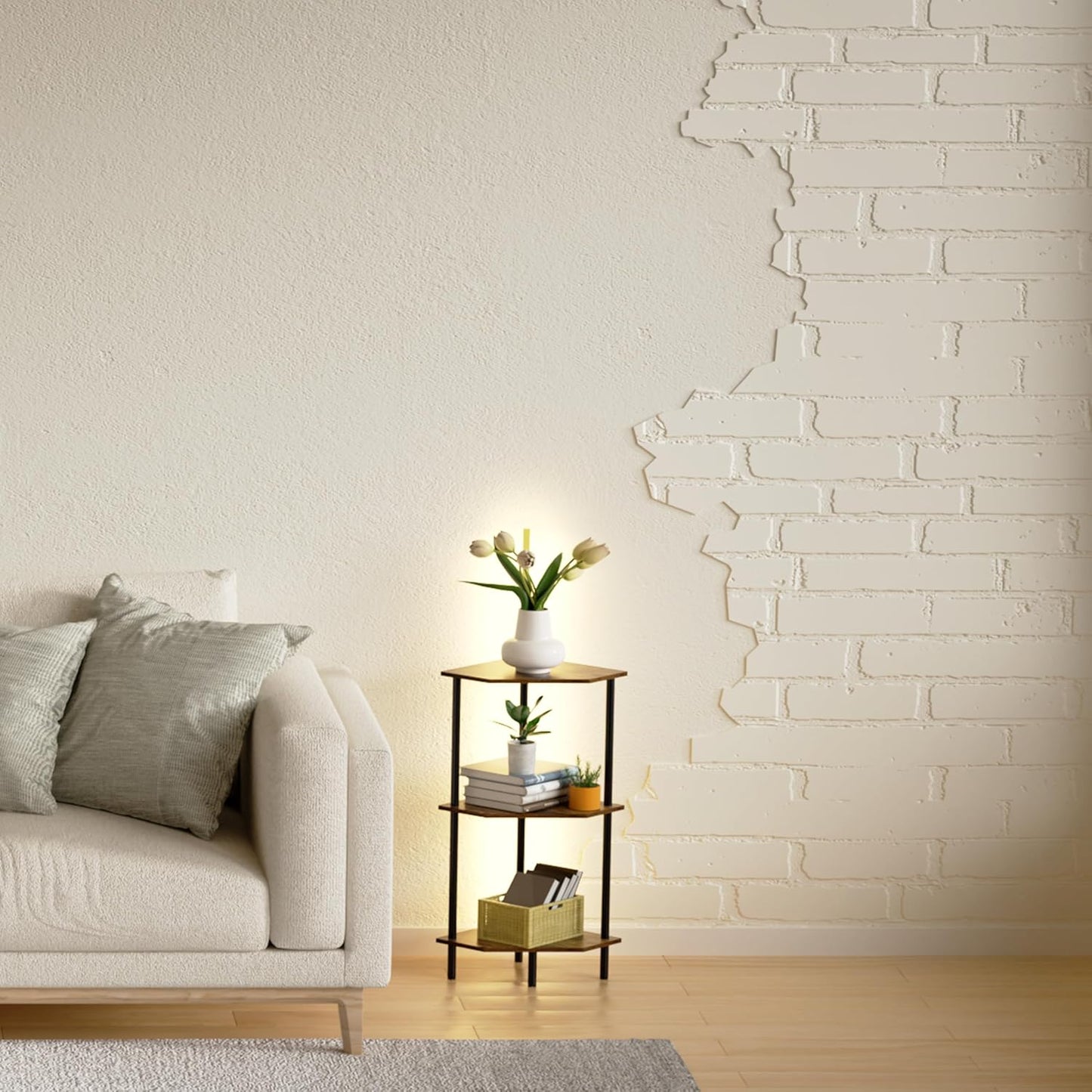 Corner Shelf Stand, Storage Standing Shelf Unit with Metal Frame, Narrow Bookshelf with LED Light Brown Plant Display Stand, Multi Unit Organizer Corner Cabinet for Bedroom, Living Room (3 Tier)