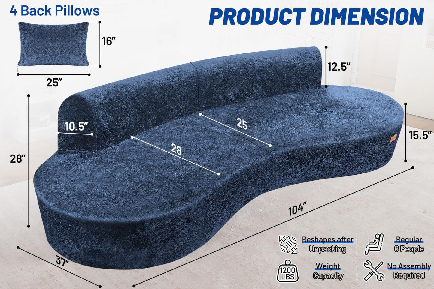 Homguava 104'' Modular Sectional Sofa,Curved Modern Sofa with Memory Foam,Deep Seat Cloud Couch with 4 Pillows,Upholstered Oversized Couches for Living Room Apartment Office,No Assembly Required, Blue