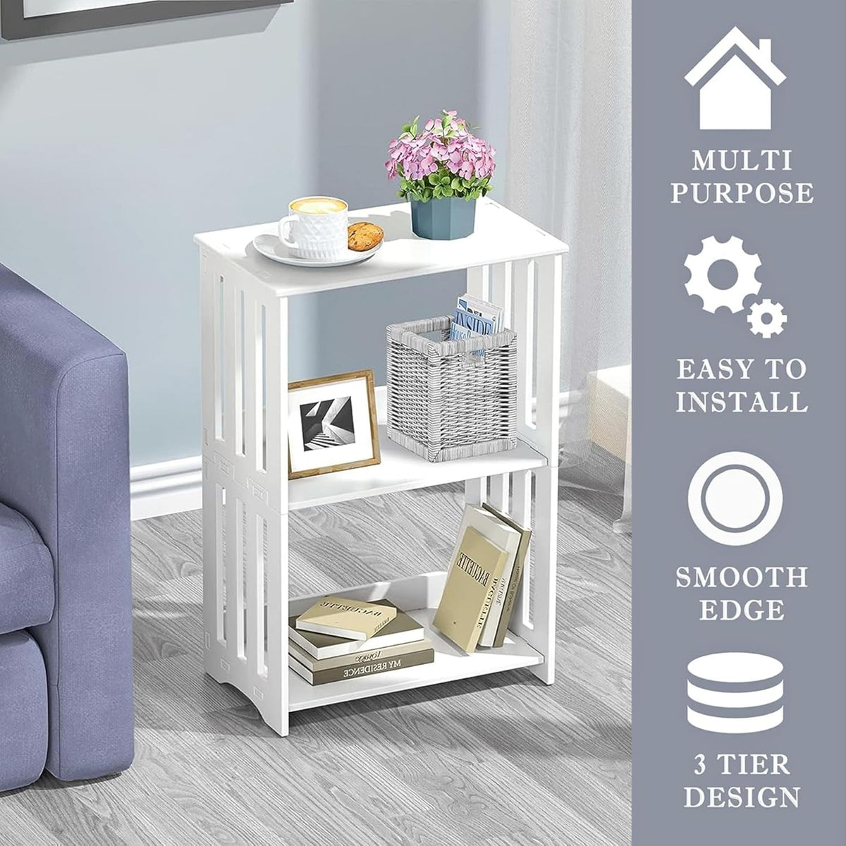 3-Tier End Table Night Stand Set of 2, White Side Table Small Bookshelf Bedside Table for Bedroom, Living Room, Office, Bathroom