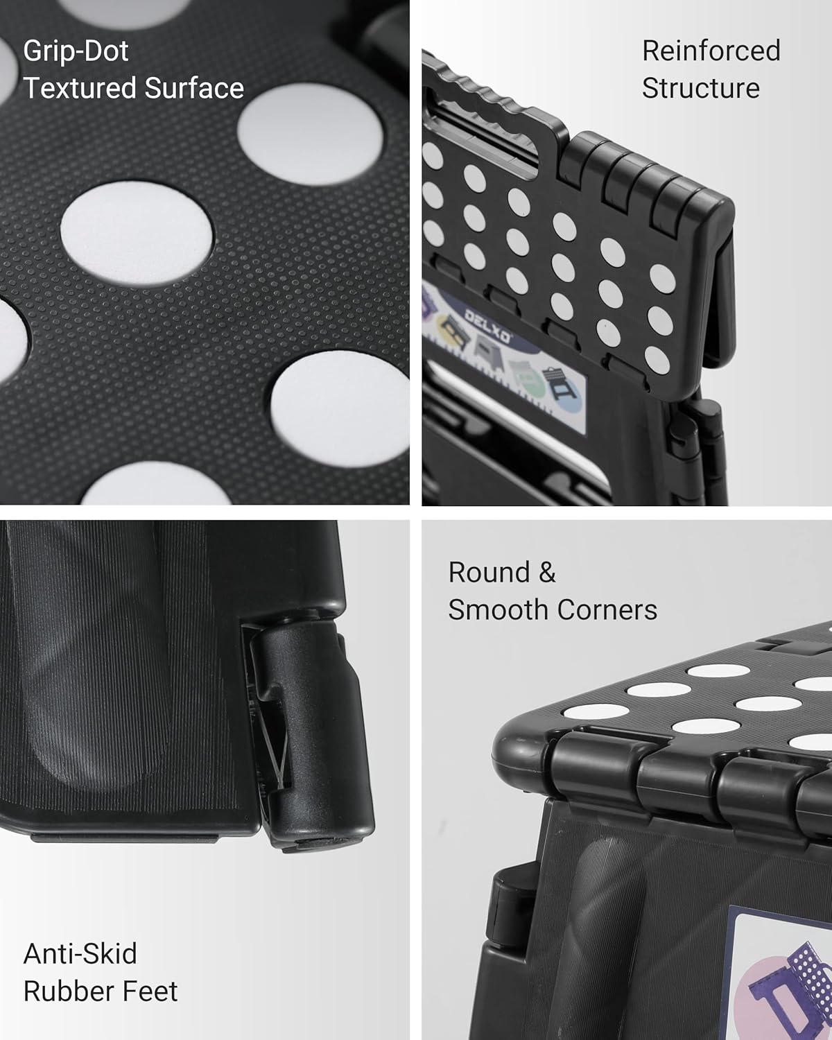 Delxo Folding Step Stool, 13 inch Non-Slip Foldable Stools Up to 300 LBS, Step Stool with Handle, Lightweight for Kitchen, Bathroom, Bedroom, Garden, Black, 1PC