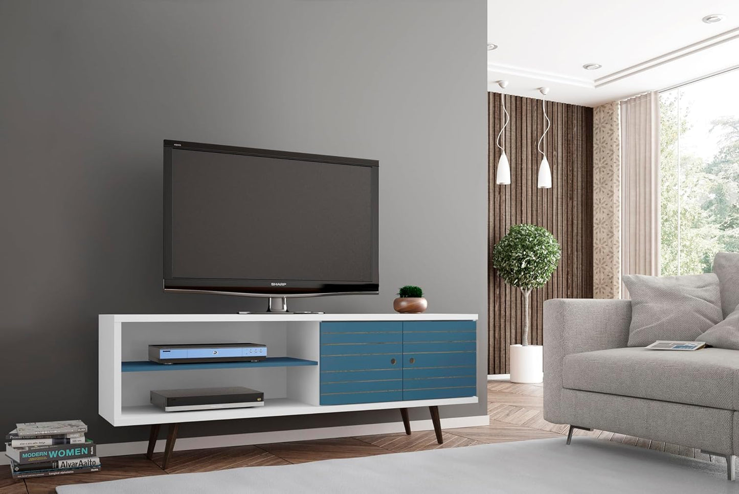 Manhattan Comfort Liberty Mid Century Modern TV Stand for Televisions up to 60 Inches, Bedroom and Living Room Entertainment Center with Storage, Shelves, and Cabinet, 63" Wide, White/Aqua