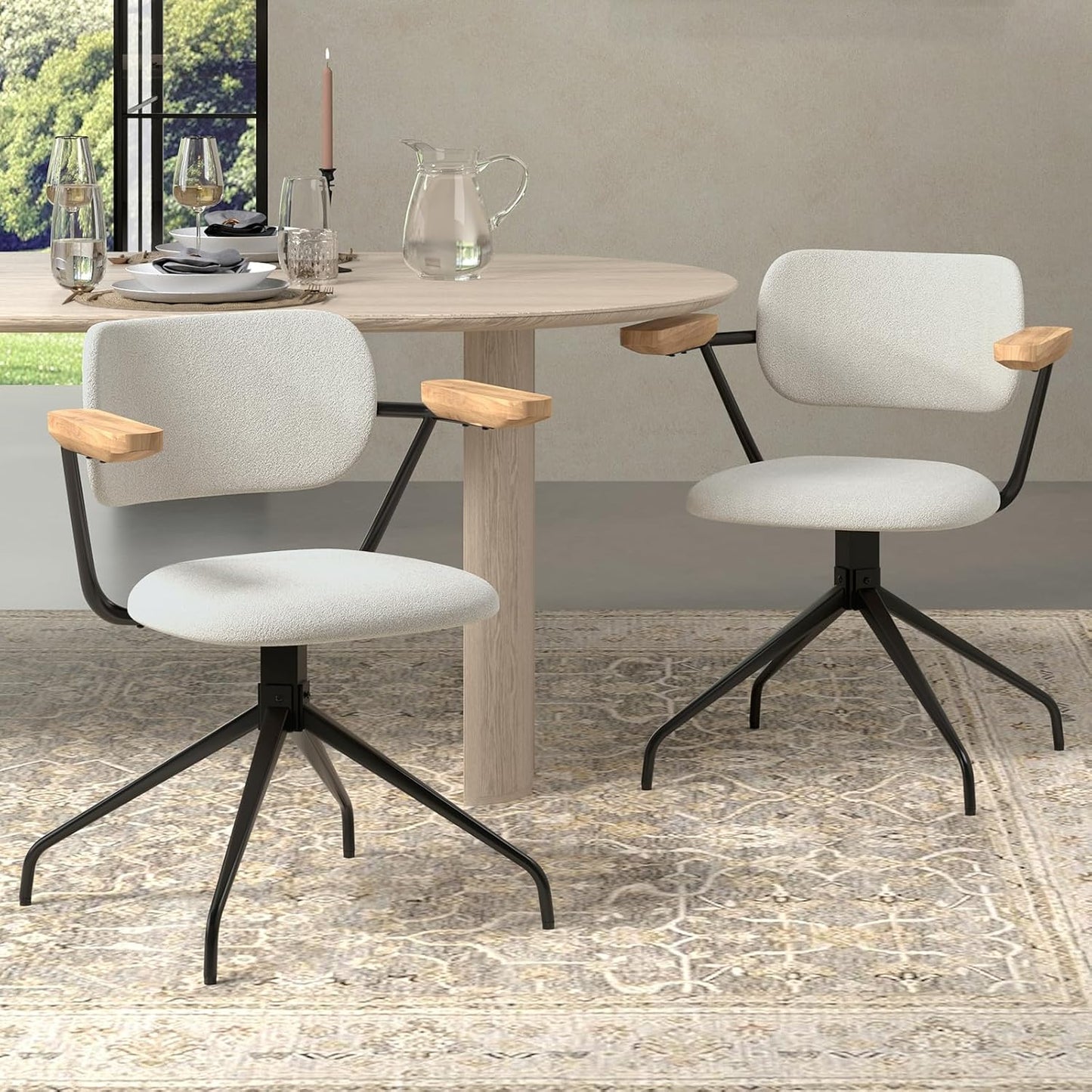 Modern Swivel Dining Chairs Set of 2 with Arms,Upholstered Comfortable Dining Room Chairs, Wooden Armrests & Sturdy Metal Frame, Stylish Kitchen & Dining Table Chairs for Modern Décor