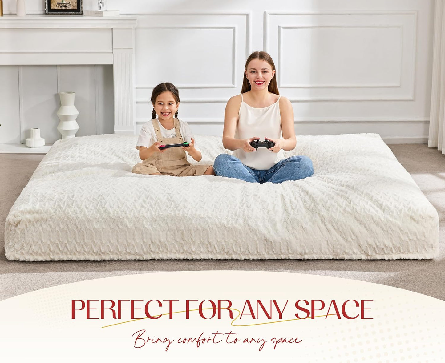 Hobestluk Bean Bag Chair Convertible Beanbag Chairs for Adults, 3 in 1 Bean Bags with Plush Chevron Cover, Adult Bean Bag Chair for Living Room, Bedroom (White, Queen)