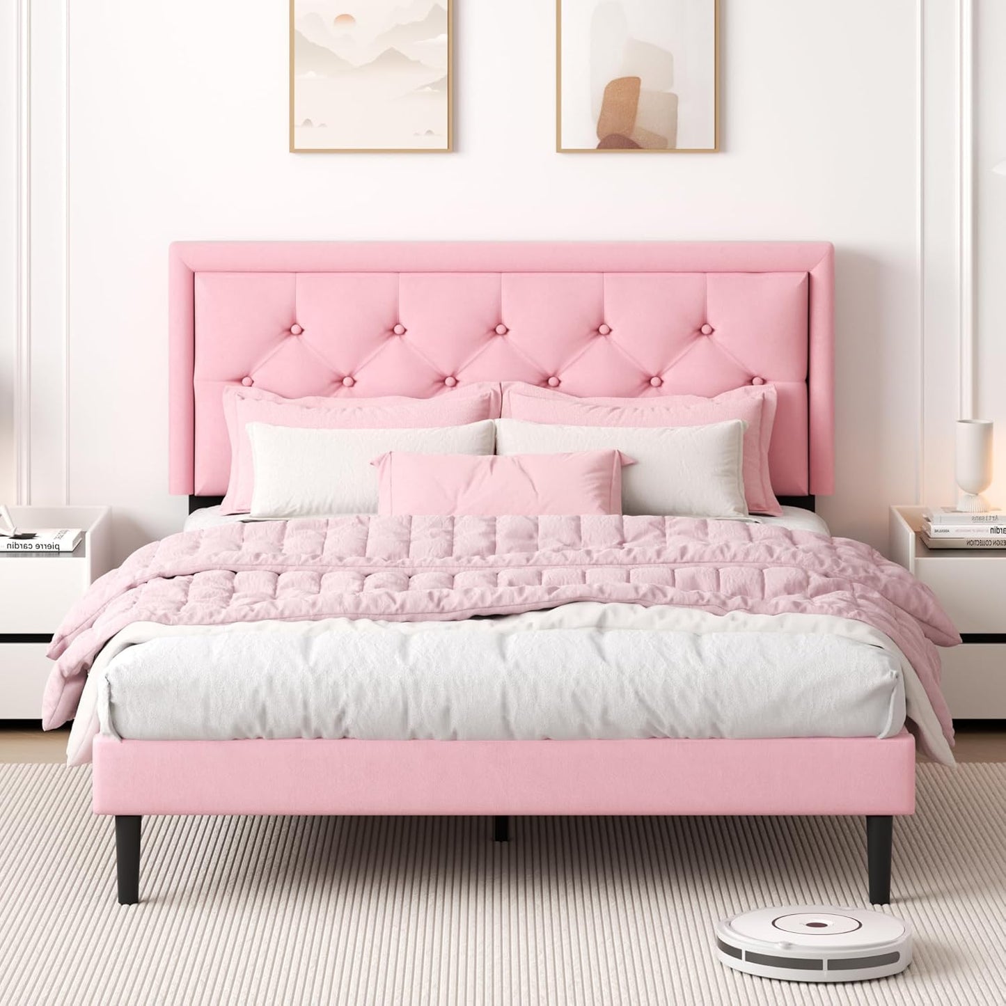Full Size Platform Bed Frame with Upholstered Velvet Button Tufted Headboard, Mattress Foundation with Wooden Slat Support, No Box Spring Needed, Easy Assembly, Noise Free, Pink