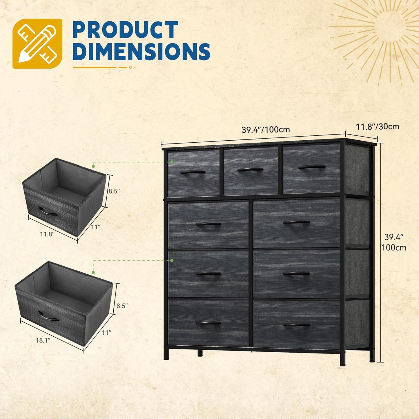 DWVO Dresser with 9 Drawers - Fabric Storage Tower, Organizer Unit for Living Room, Hallway - Sturdy Steel Frame, Wooden Top & Easy Pull Fabric Bins