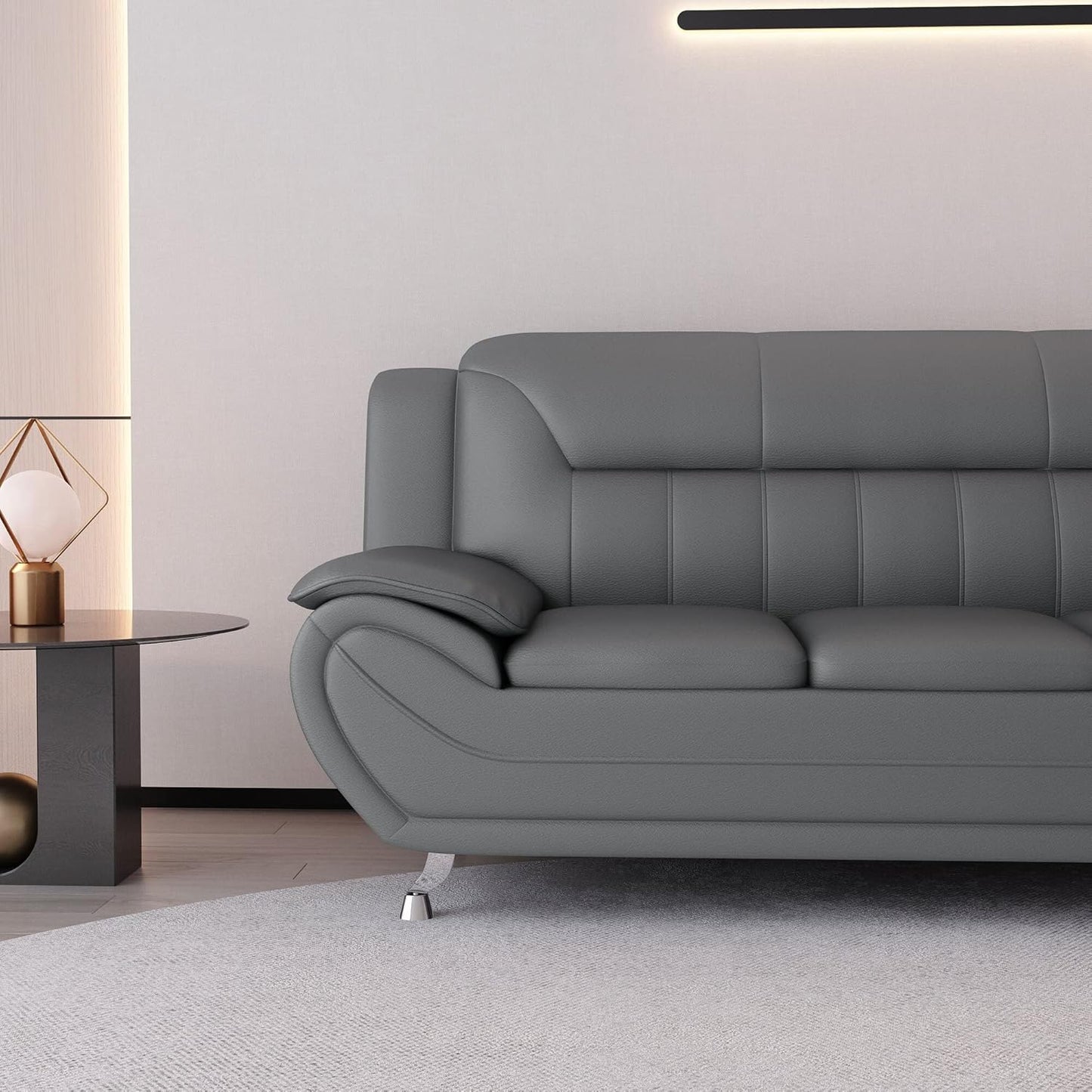 Container Furniture Direct Michael Modern Faux Leather Upholstered Stainless Steel Legs Living Room Sofa, Loveseat, Gray