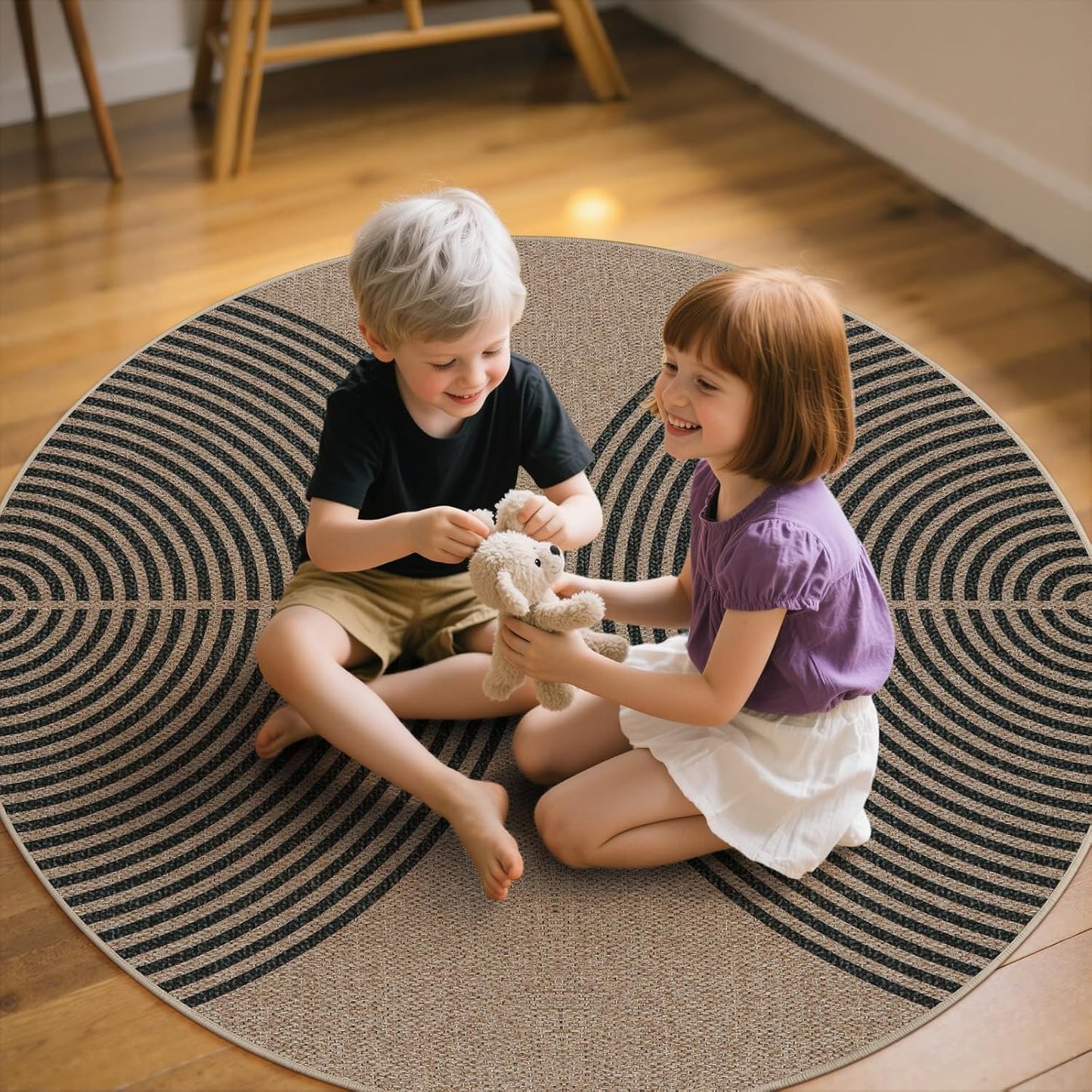 Lahome Modern Rainbow Round Rug, 6ft Easy Jute Circle Patio Rug Washable Indoor Outdoor Living Room Carpet, Farmhouse Natural Contemporary Round Carpet for Entryway Backyard