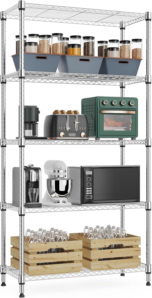 1250 lbs 5 Tier Shelf Metal Storage Shelves Wire Rack Closet Organizers with Wheel for Garage Kitchen Bathroom Laundry Chrome 13.7" D x 23.6" W x 62.4" H