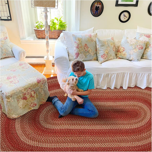 Homespice Apple Pie Jute Red Braided Rugs 5x8' Oval for Living Room, Bedroom Rug and Dining Room. Pet Friendly. Decor Styles- Farmhouse Rug, Rustic, Vintage, Cottage, Primitive, Country, Boho Rug