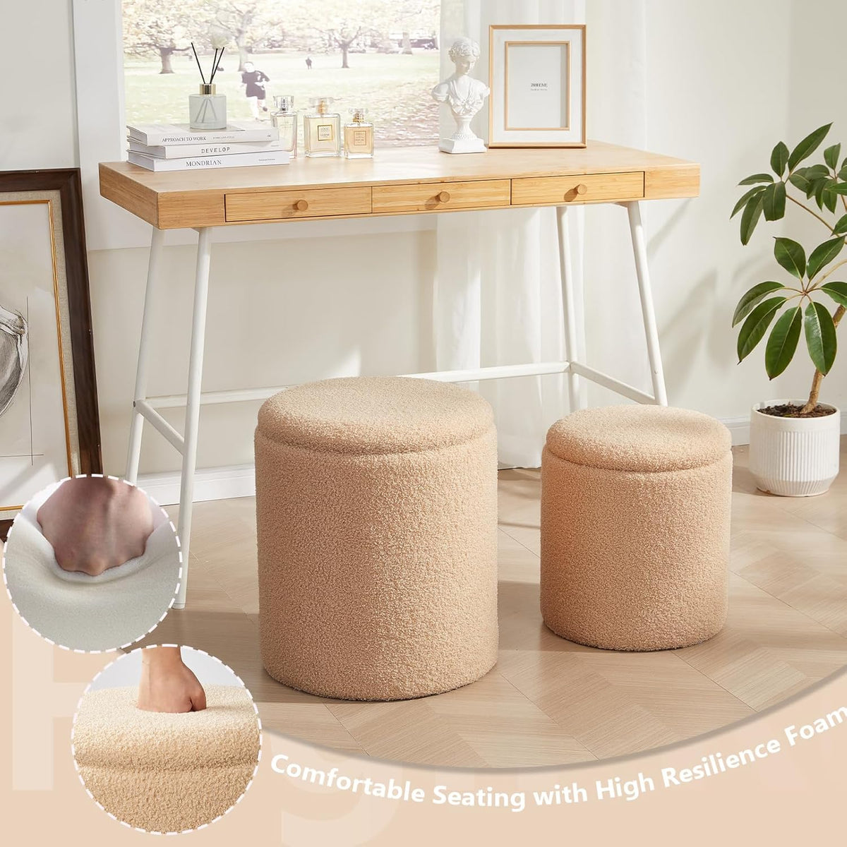 Boucle Round Ottoman with Storage Set of 2,Small Foot Stool Ottoman for Living Room, Small Coffee Table,Vanity Stool with Storage for Bedroom, Beige
