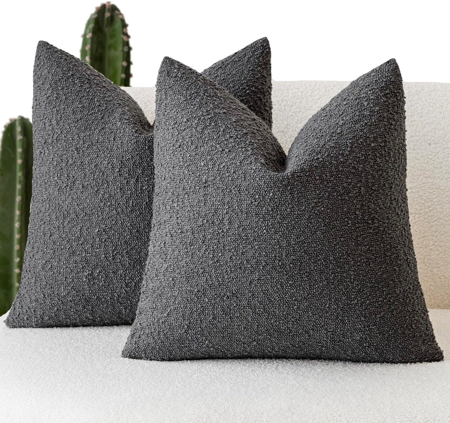Foindtower Set of 2, Decorative Textured Boucle Throw Pillow Covers Accent Solid Pillow Cases Neutral Soft Cozy Couch Cushion Case for Chair Sofa Bedroom Living Room Home Decor 16 x 16 Inch Dark Grey